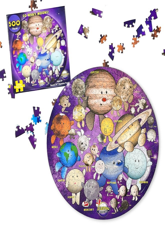 Celestial Buddies So Many Moons! 500 Piece Jigsaw Astronomy Space Puzzle and Poster for Ages 8+ | Educational 23 Moon Poster for Science STEM Learing - Image 1
